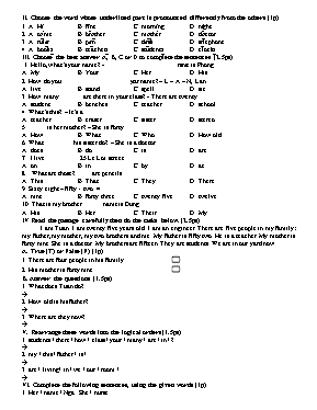Đề kiểm tra 1 tiết số 1 môn Tiếng Anh Lớp 6 (Thí điểm) - Năm học 2015-2016 - Trường THCS Nguyễn Văn Tư (Có đáp án)